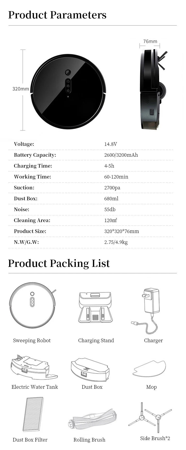 Sweeping Robot, Intelligent Cleaning Strong Suction, 2700Pa, WIFI Intelligent Control, Machine Mop Automatic Charging