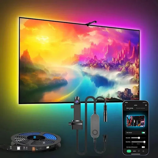 PC/TV Led Backlight Tira de luces LED RGBIC con sensor de selección de color, control por aplicación, sincronización musical, luz RGB inteligente para ambientes de juego.